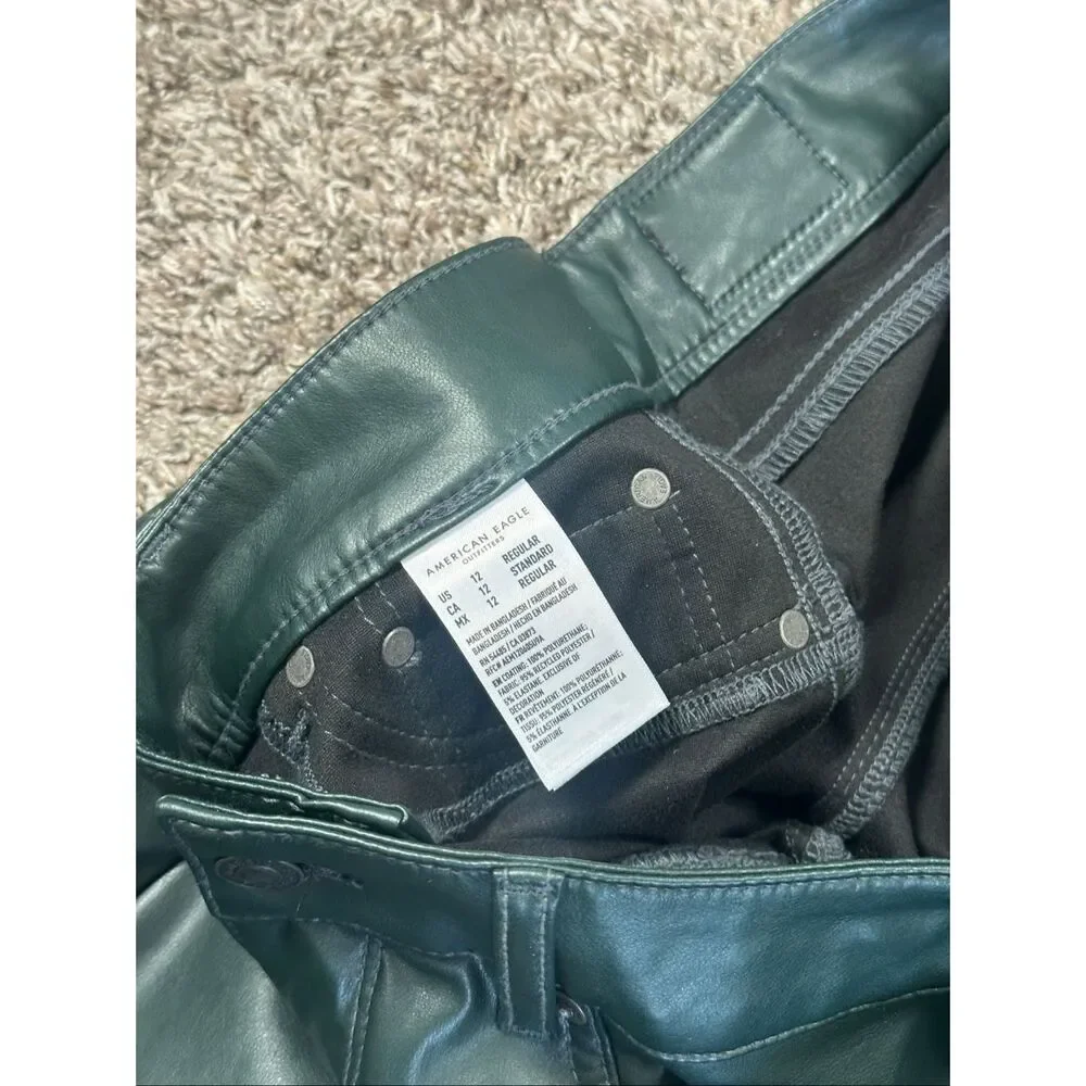 American Eagle Stretch Vegan Leather Green Super High-Waisted Kick Boot Pant 12